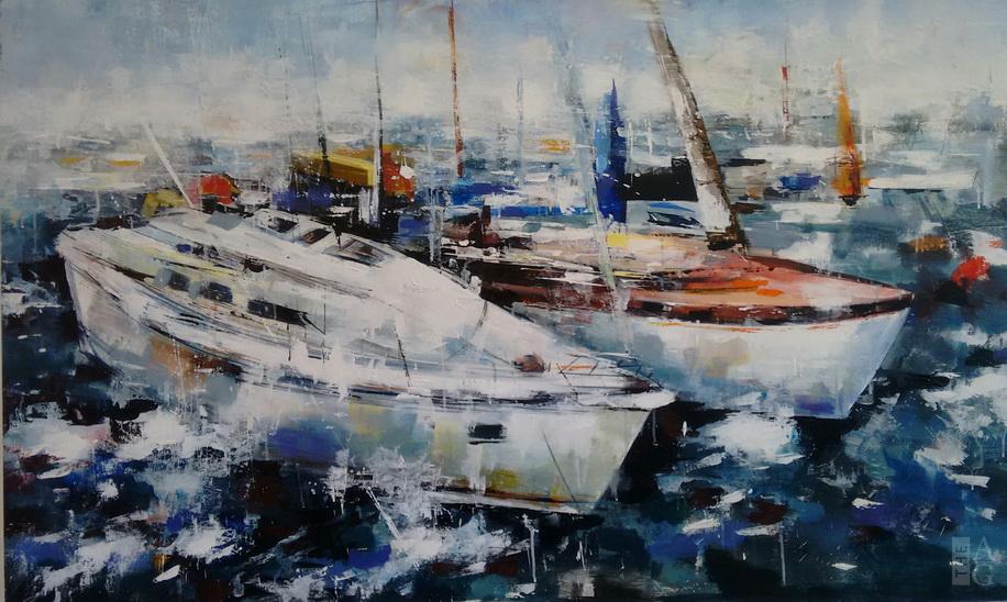 Yared Nigussu At The Harbour 36 x 60 Acrylic on canvas The Avenue Gallery Canadian contemporary art Victoria BC