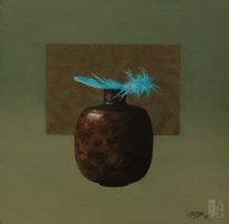 Still-life painting, Pot, Patch & Turquoise Feather by Catherine Moffat at The Avenue Gallery, a contemporary fine art gallery in Victoria, BC, Canada.