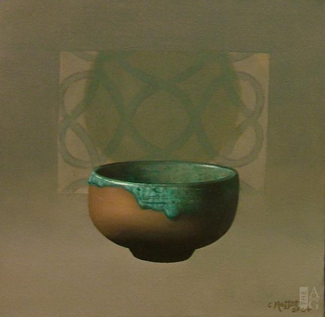 Still-life painting, Turquoise and Raku Pot with Patch by Catherine Moffat at The Avenue Gallery, a contemporary fine art gallery in Victoria, BC, Canada.