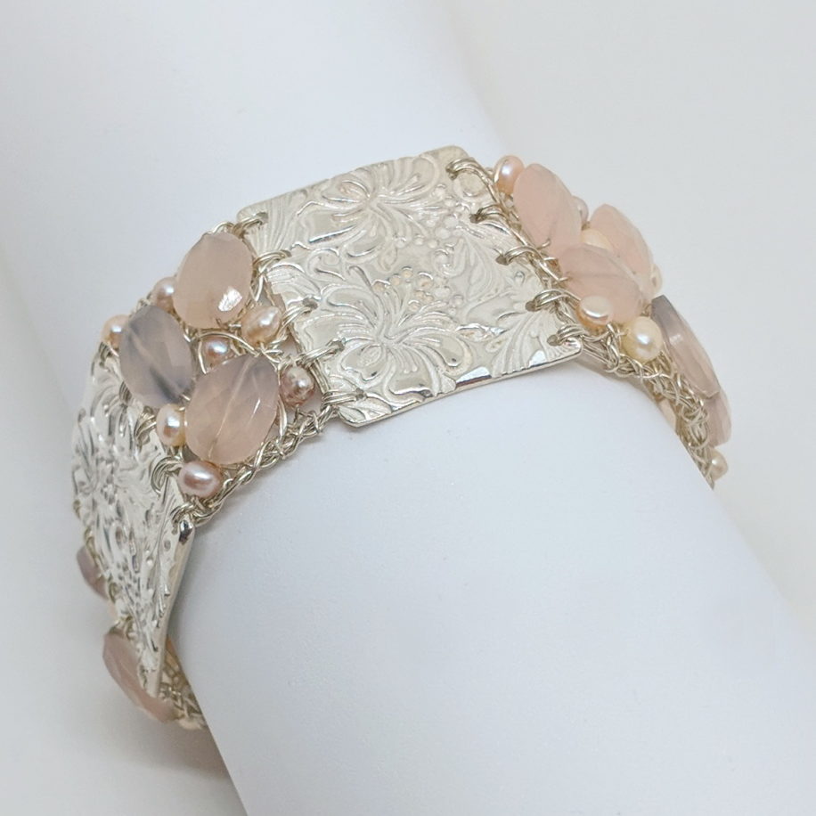 Silver Cuff with Silver Crochet, Pink Opal and Pink Pearls by Veronica Stewart at The Avenue Gallery, a contemporary fine art gallery in Victoria, BC, Canada.