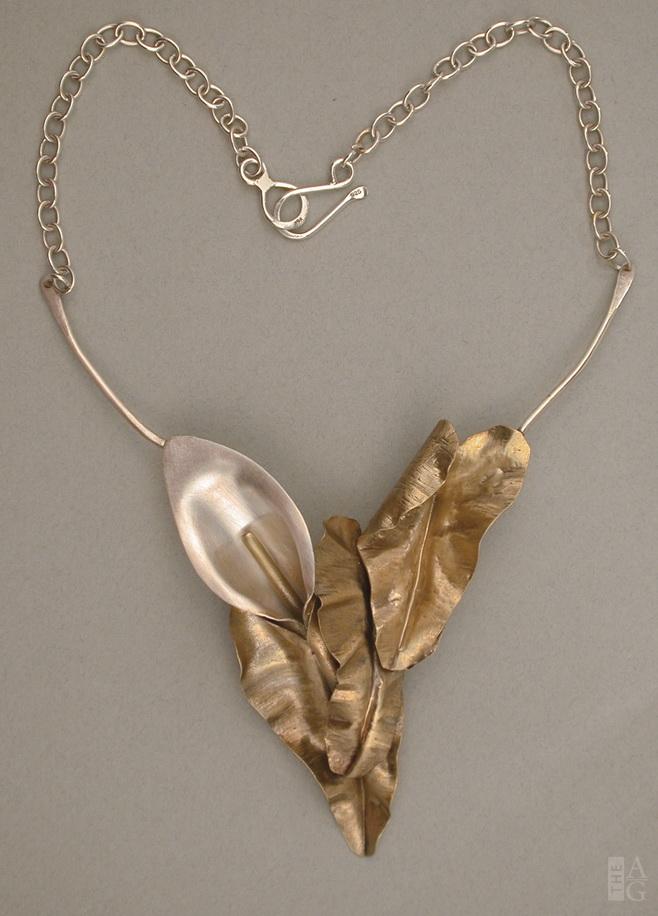 LD003 Darlene Letendre Bronze Leaf Necklace with Silver Calla Lily $595- web