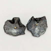 Small Oxidised Silver Flower Earrings with Gold Ball by Barbara Adams at The Avenue Gallery, a contemporary fine art gallery in Victoria, BC, Canada.
