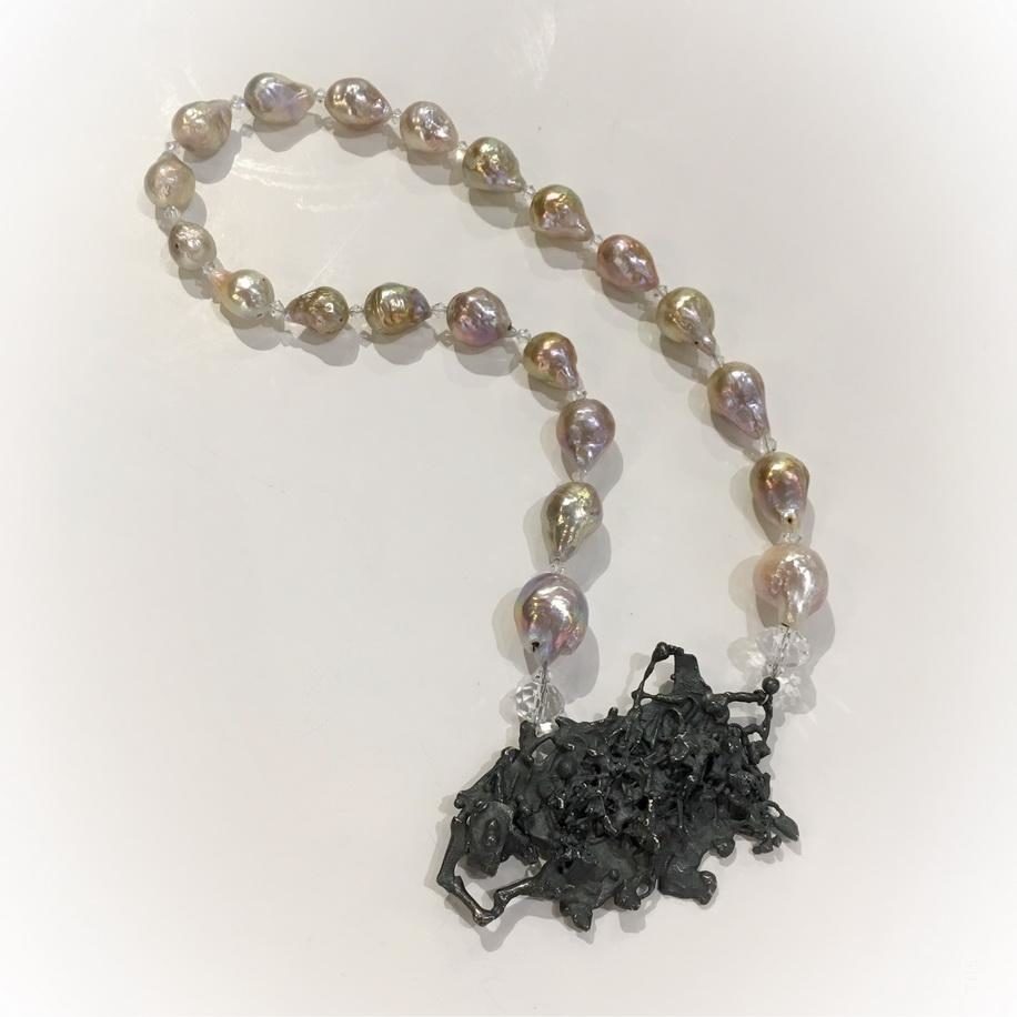 Champagne Pearl Necklace with Reticulated Oxidised Silver Clasp by Barbara Adams at The Avenue Gallery, a contemporary fine art gallery in Victoria, BC, Canada.