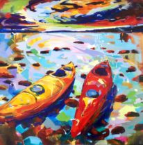 West coast painting, Kayaks by Eunmi Conacher at The Avenue Gallery, a contemporary fine art gallery in Victoria, BC, Canada.