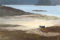 Coastal landscape painting, Dinghy at Low Tide, by Maria Josenhans at The Avenue Gallery, a contemporary fine art gallery in Victoria, BC, Canada.