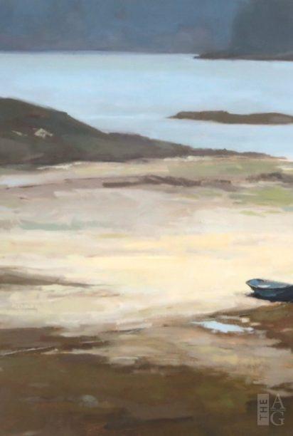 Coastal landscape painting, Dinghy at Low Tide, by Maria Josenhans at The Avenue Gallery, a contemporary fine art gallery in Victoria, BC, Canada.
