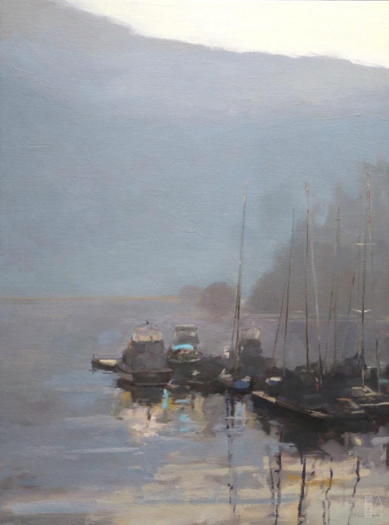 Coastal landscape painting, Morning at the Dock, by Maria Josenhans at The Avenue Gallery, a contemporary fine art gallery in Victoria, BC, Canada.