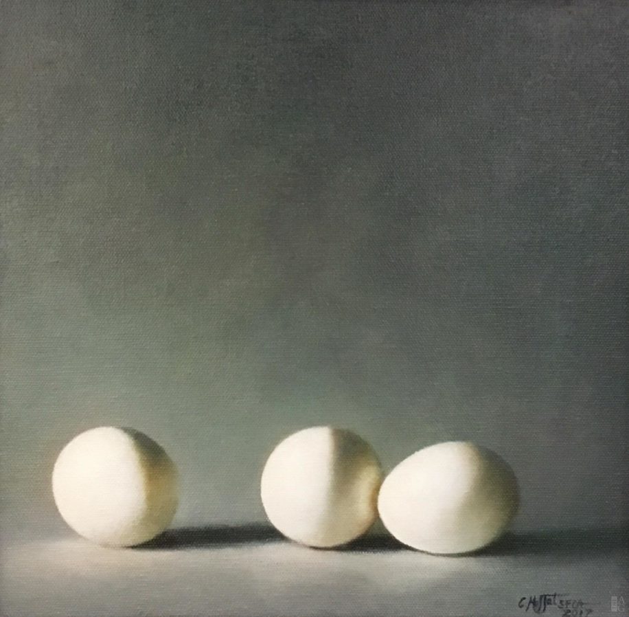 Still-life painting, Eggs in the Quiet Hour by Catherine Moffat at The Avenue Gallery, a contemporary fine art gallery in Victoria, BC, Canada.