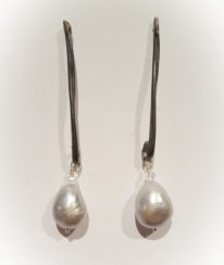 Oxidised Silver and Freshwater Pearl Drop Earrings by Barbara Adams at The Avenue Gallery, a contemporary fine art gallery in Victoria, BC, Canada.