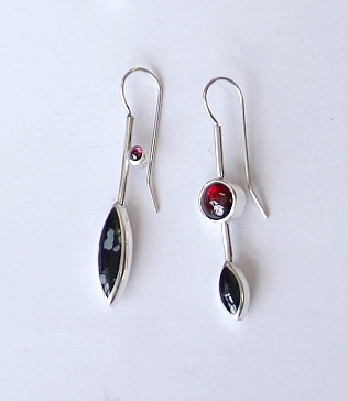 Snowflake Obsidian, Black Jade and Garnet Earrings by Brenda Roy at The Avenue Gallery, a contemporary fine art gallery in Victoria, BC, Canada.