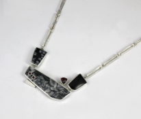 Pinolith, Snowflake Obsidian, Black Jade and Garnet Necklace by Brenda Roy at The Avenue Gallery, a contemporary fine art gallery in Victoria, BC, Canada.