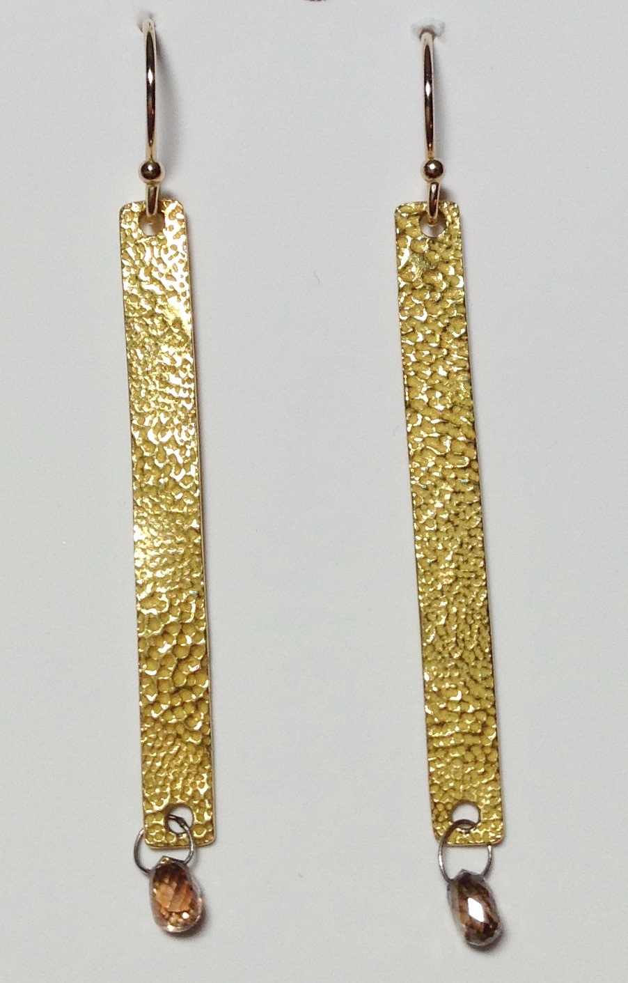 22kt. Gold Long Textured Earrings with Diamond Drops by Veronica Stewart at The Avenue Gallery, a contemporary fine art gallery in Victoria, BC, Canada.