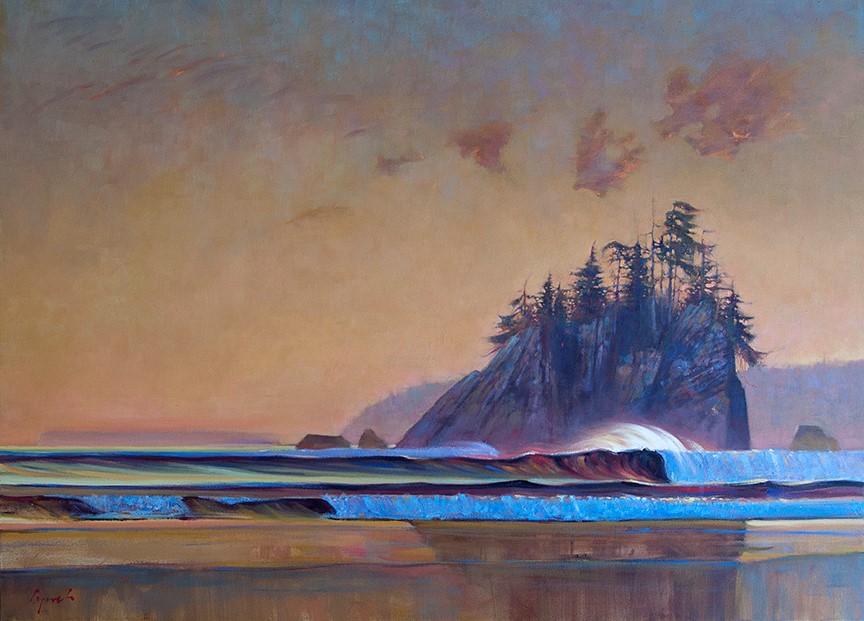 Wave and Stack at Sunset by Brent Lynch at The Avenue Gallery, a contemporary art gallery in Victoria BC, Canada
