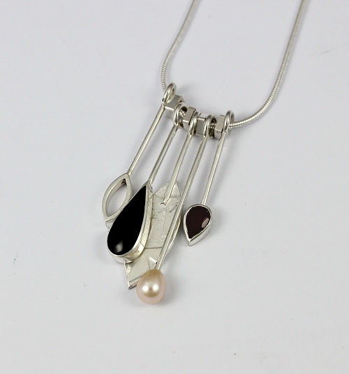 Black Jade, Garnet and Pearl Dangly Necklace by Brenda Roy at The Avenue Gallery, a contemporary fine art gallery in Victoria, BC, Canada.