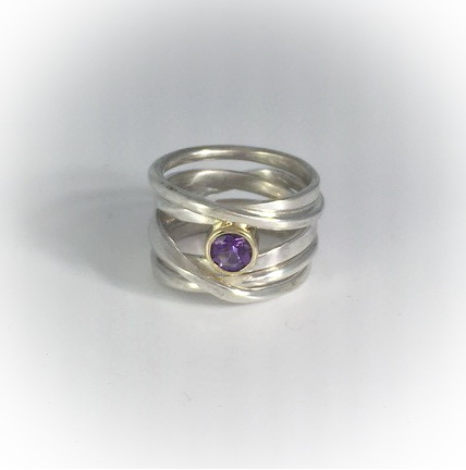 Sterling Silver OneFooter Ring with 5.5mm Amethyst in 18kt Yellow Gold by Dorothée Rosen at The Avenue Gallery, a contemporary fine art gallery in Victoria, BC, Canada.