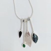 Turquoise, Black Jade and Chrysoprase Dangly Necklace by Brenda Roy at The Avenue Gallery, a contemporary fine art gallery in Victoria, BC, Canada.