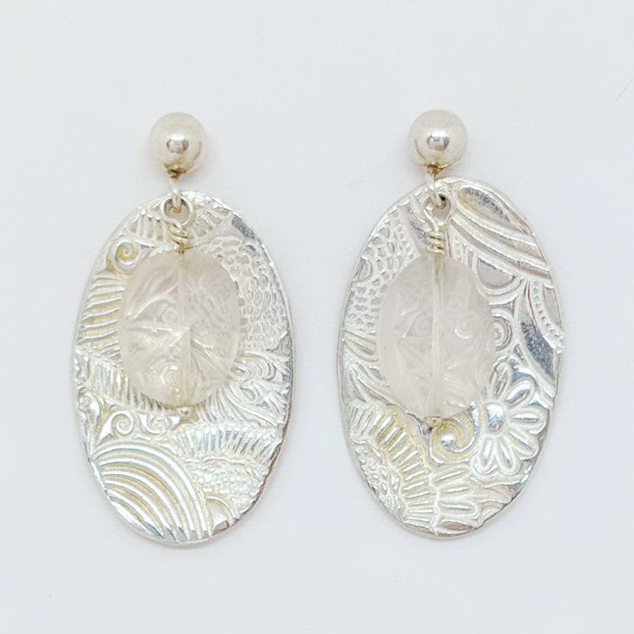 Textured Silver Medium Oval Earrings with Rose Quartz by Veronica Stewart at The Avenue Gallery, a contemporary fine art gallery in Victoria, BC, Canada.