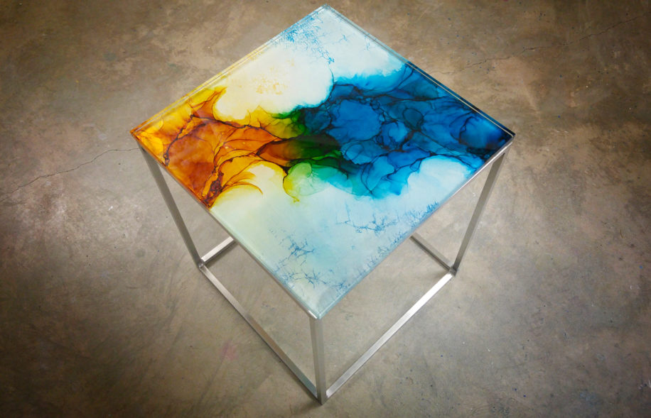 Acrylic and ink on glass End Table by Gordon Scott at The Avenue Gallery, a contemporary fine art gallery in Victoria, BC, Canada.