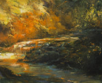 Abstracted landscape oil painting, Golden Creek by William Liao at The Avenue Gallery, a contemporary fine art gallery in Victoria, BC, Canada.