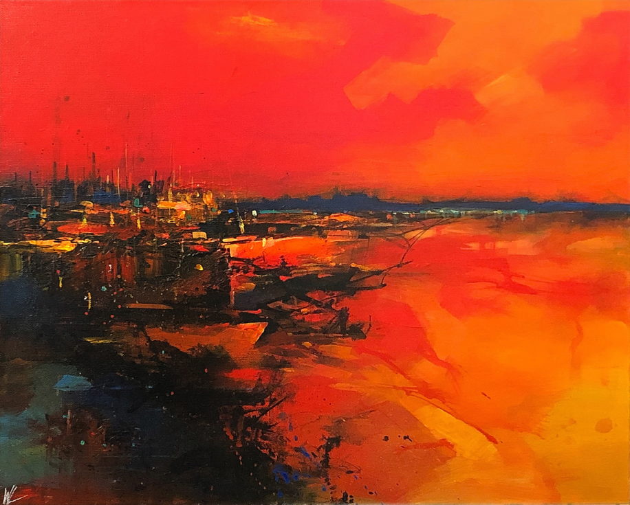 Abstracted landscape acrylic painting, Peaceful Harbour by William Liao at The Avenue Gallery, a contemporary fine art gallery in Victoria, BC, Canada.