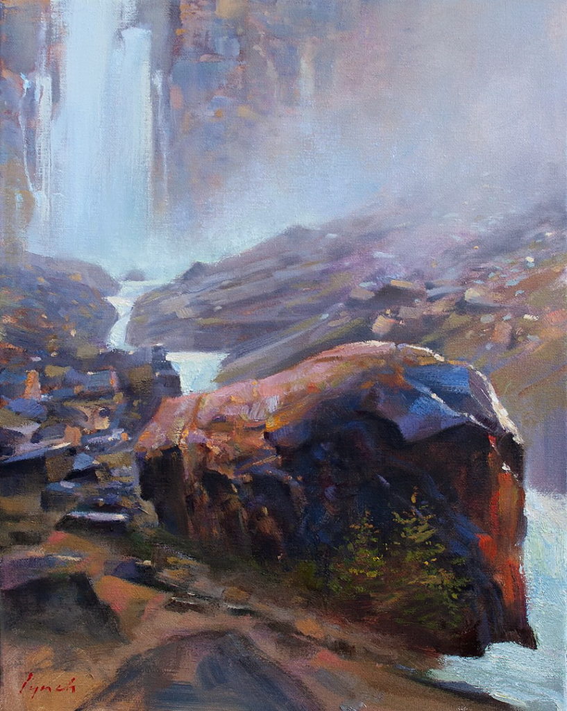 Giant Below, Takakkaw Falls by Brent Lynch at The Avenue Gallery, a contemporary fine art gallery in Victoria, BC, Canada.