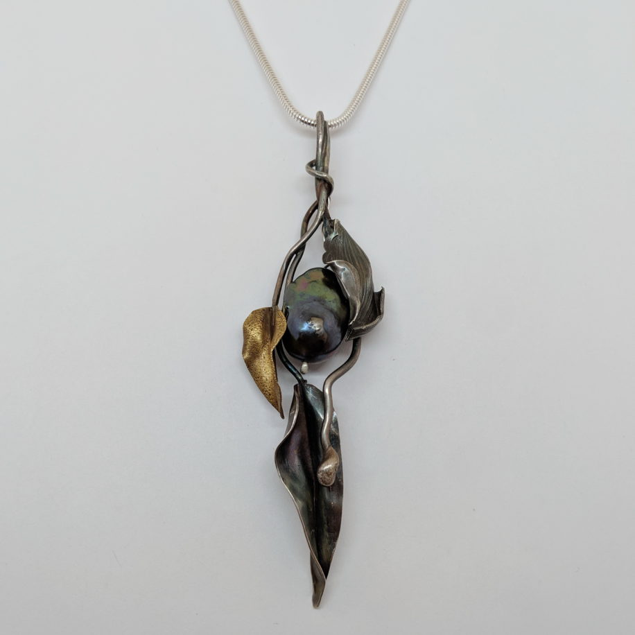 Argentium Silver with Patina, Bronze & Baroque Pearl Pendant by Darlene Letendre at The Avenue Gallery, a contemporary fine art gallery in Victoria, BC, Canada.
