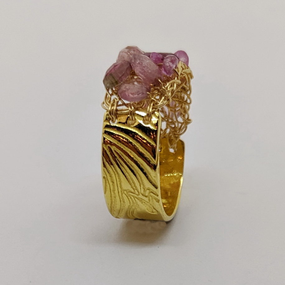 22kt. Gold Ring with Pink Tourmaline & 18kt. Gold Wire Crochet by Veronica Stewart at The Avenue Gallery, a contemporary fine art gallery in Victoria, BC, Canada.