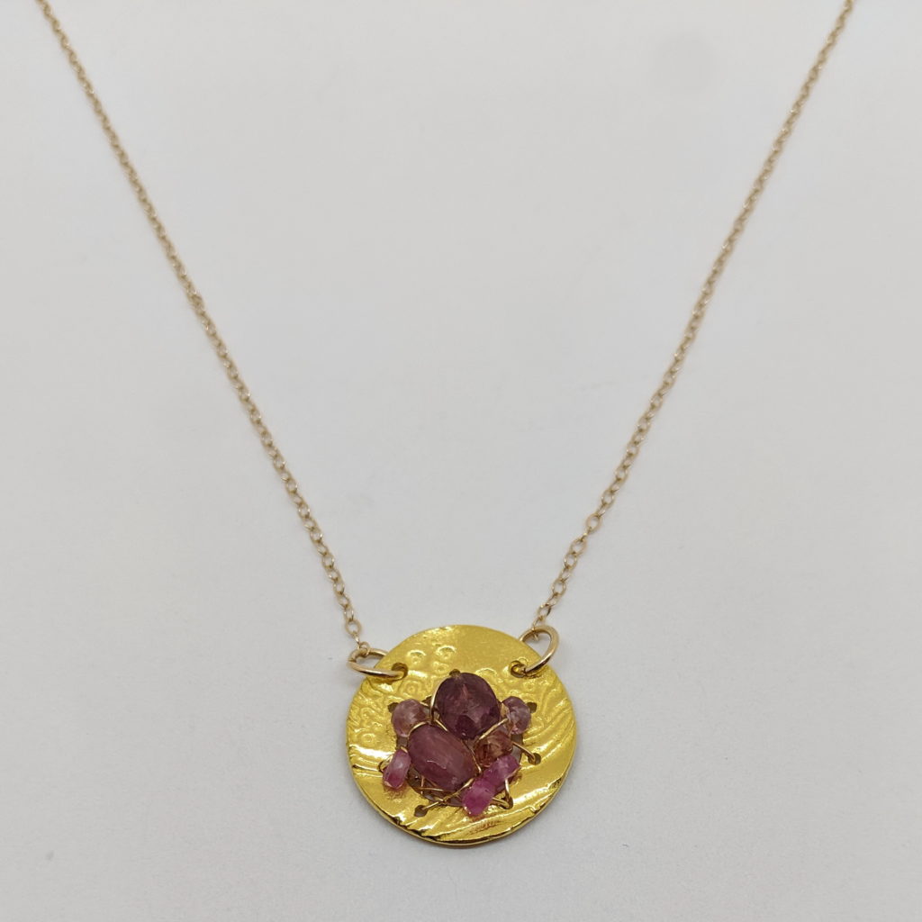 22kt. Gold Pendant on 14kt. Gold Fine Chain with Pink Tourmaline by Veronica Stewart at The Avenue Gallery, a contemporary fine art gallery in Victoria, BC, Canada.