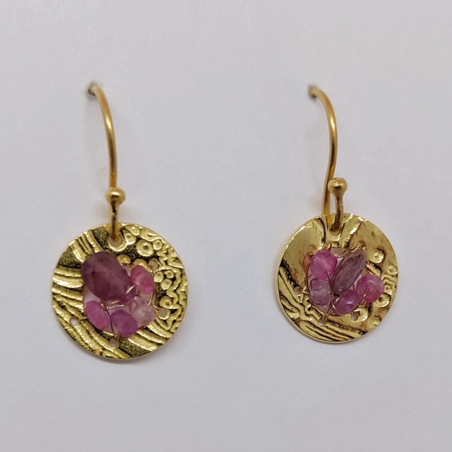 22kt. Gold Earrings with 14kt. Wire Crochet & Pink Tourmaline by Veronica Stewart at The Avenue Gallery, a contemporary fine art gallery in Victoria, BC, Canada.
