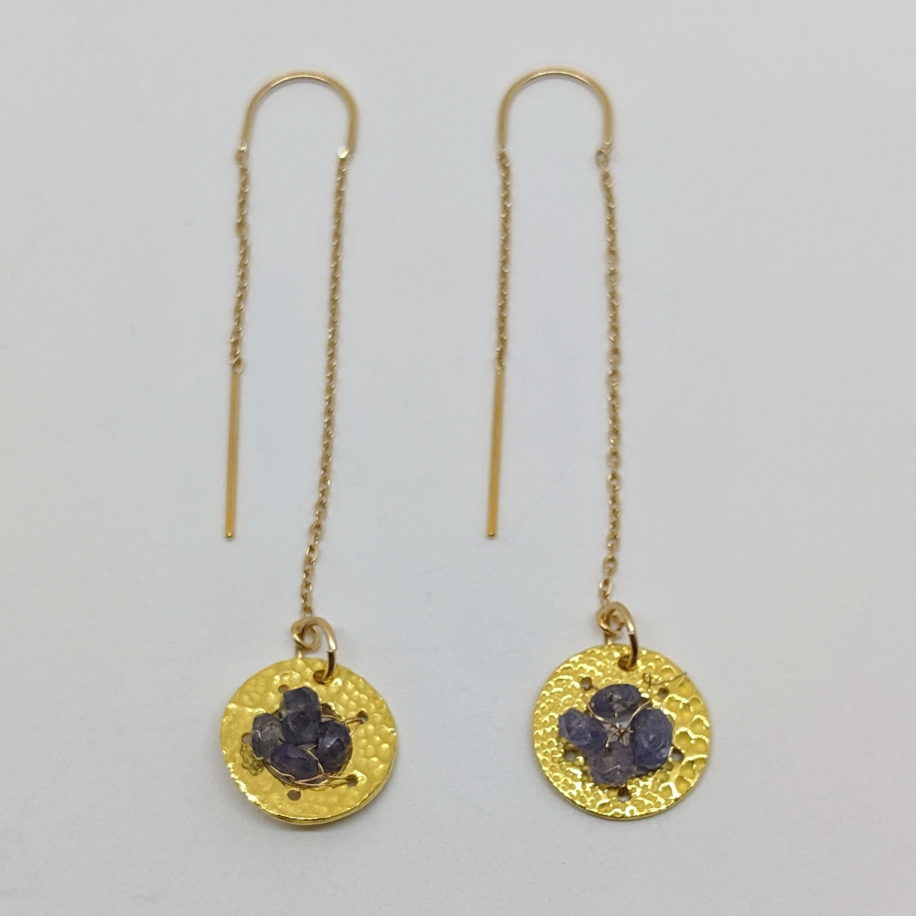 22kt. Gold Earrings with 14kt. Gold Wire Crochet & Tanzanite by Veronica Stewart at The Avenue Gallery, a contemporary fine art gallery in Victoria, BC, Canada.