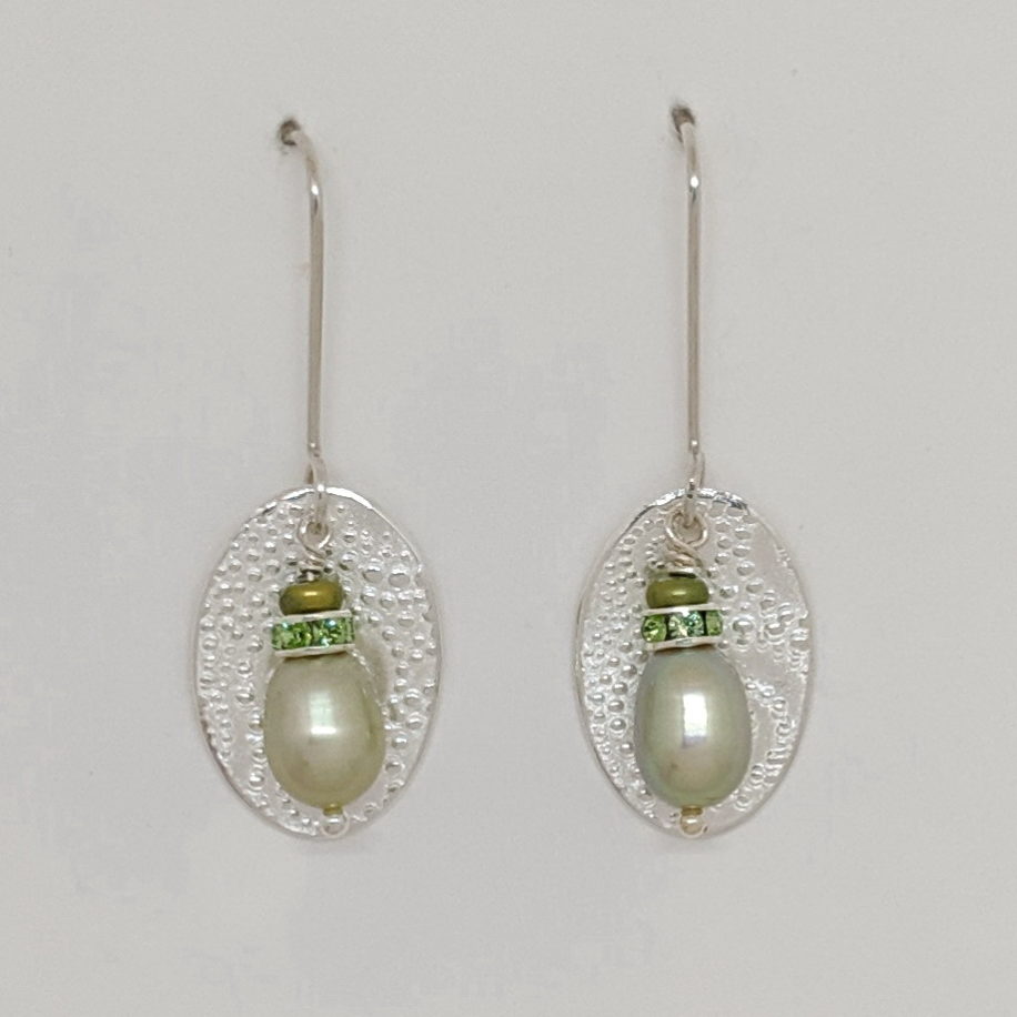 Medium Textured Oval Earrings with Green Pearls by Veronica Stewart at The Avenue Gallery, a contemporary fine art gallery in Victoria, BC, Canada.