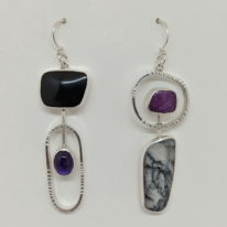 Pinolith, Black Jade, Stictite & Amethyst Earrings by Brenda Roy at The Avenue Gallery, a contemporary fine art gallery in Victoria, BC, Canada.