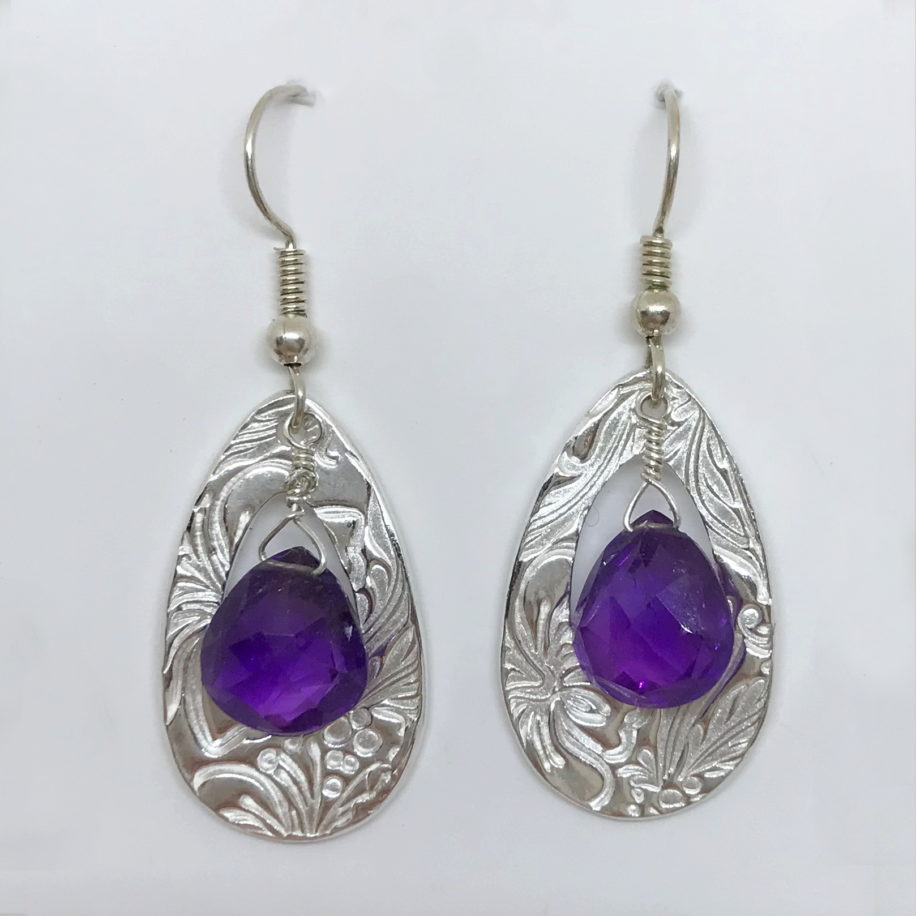 Teardrop Textured Earrings with Dark Amethyst (Large) by Veronica Stewart at The Avenue Gallery, a contemporary fine art gallery in Victoria, BC, Canada.