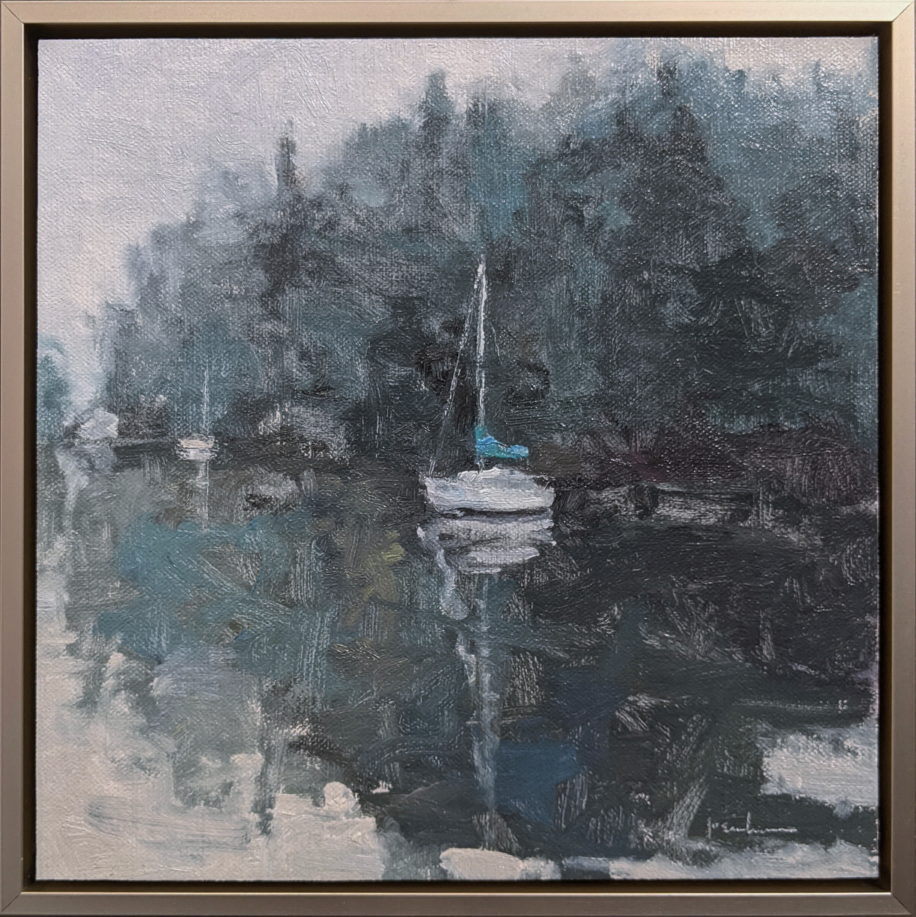 White Boat, Foggy Morning by Maria Josenhans at The Avenue Gallery, a contemporary fine art gallery in Victoria, BC, Canada.