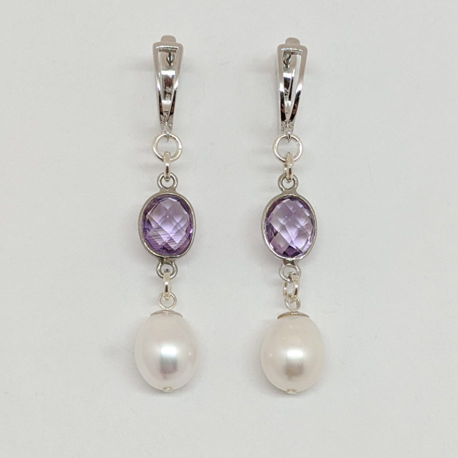 Amethyst, Pearl & Sterling Silver Earrings by Val Nunns at The Avenue Gallery, a contemporary art gallery in Victoria BC, Canada