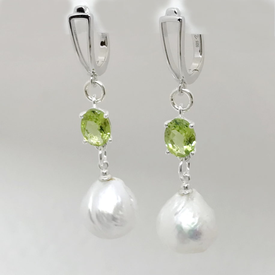 White Baroque Pearl, Faceted Peridot & Sterling Silver Earrings by Val Nunns at The Avenue Gallery, a contemporary fine art gallery in Victoria, BC, Canada.