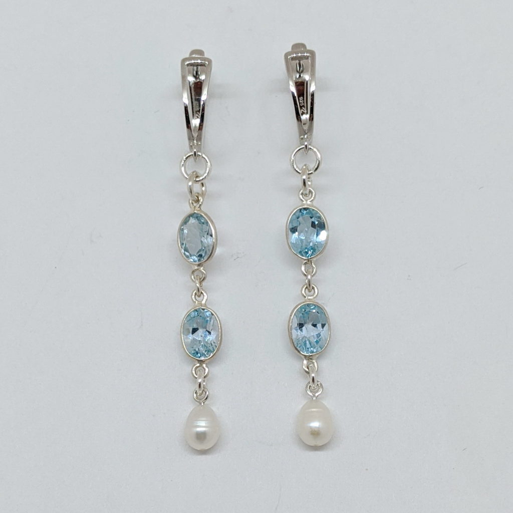 Leverback Sterling Earrings with Aquamarines & Freshwater Pearl by Val Nunns at The Avenue Gallery, a contemporary fine art gallery in Victoria, BC, Canada