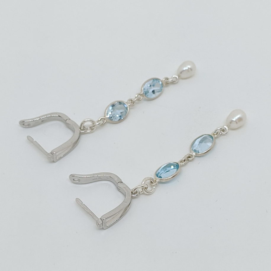 Leverback Sterling Earrings with Aquamarines & Freshwater Pearl by Val Nunns at The Avenue Gallery, a contemporary fine art gallery in Victoria, BC, Canada