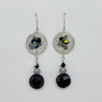 Fine Silver, Onyx, Swarovski Crystal & Freshwater Pearl Earrings by Veronica Stewart at The Avenue Gallery, a contemporary fine art gallery in Victoria, BC, Canada.