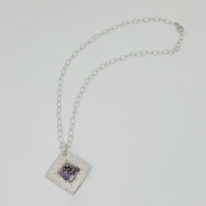 Fine Silver Textured Small Square Pendant with Amethyst, Swarovski Crystals & Pearls by Veronica Stewart at The Avenue Gallery, a contemporary fine art gallery in Victoria, BC, Canada.