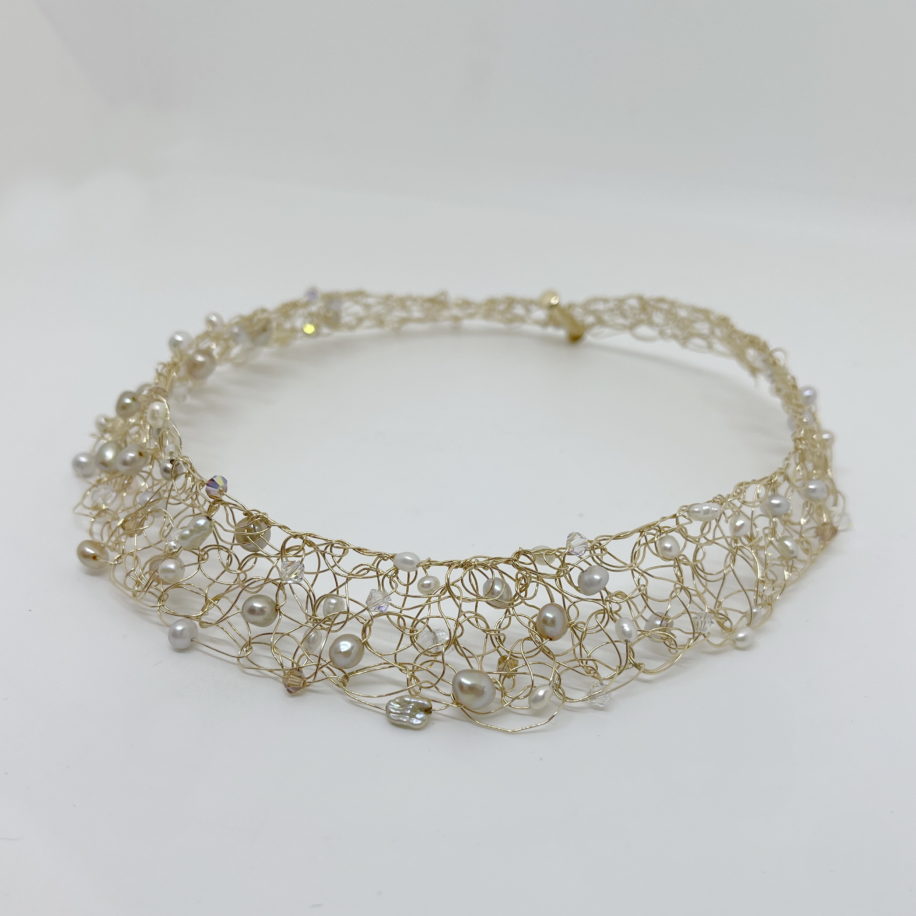Gold-Fill Crocheted Collar with Freshwater Pearls and Swarovski Crystals by Veronica Stewart at The Avenue Gallery, a contemporary fine art gallery in Victoria, BC, Canada.