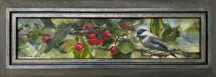 Chickadee and Cherries by Tanya Bone at The Avenue Gallery, a contemporary fine art gallery in Victoria, BC, Canada.