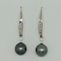 Long Hammered Silver Earrings with Tahitian Pearls by Val Nunns at The Avenue Gallery, a contemporary fine art gallery in Victoria, BC, Canada.