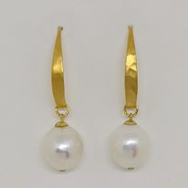 24kt. Satin Finish Heavy Gold Plate & White Freshwater Pearl Earrings by Val Nunns at The Avenue Gallery, a contemporary fine art gallery in Victoria, BC, Canada.