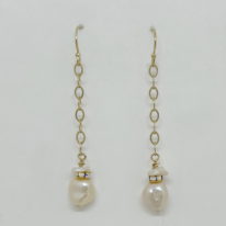 Gold-Fill Chain Drop Earrings with Freshwater Pearls & Swarovski Crystal Rondelles by Veronica Stewart at The Avenue Gallery, a contemporary fine art gallery in Victoria, BC, Canada.