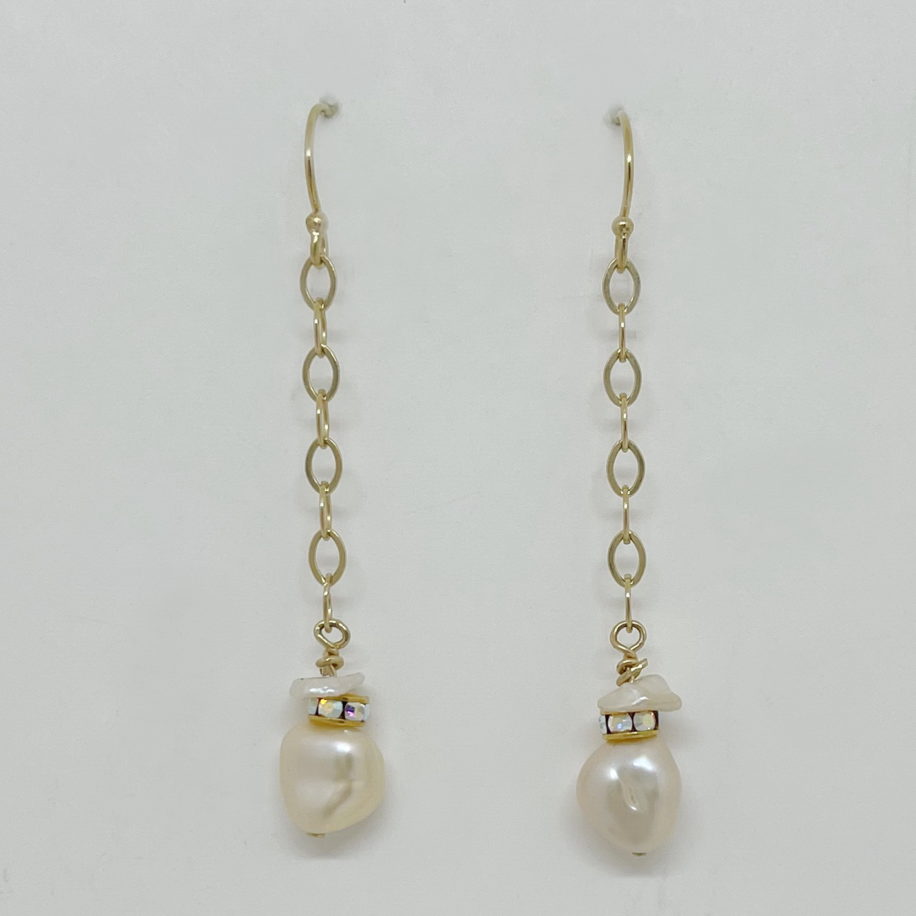 Gold-Fill Chain Drop Earrings with Freshwater Pearls & Swarovski Crystal Rondelles by Veronica Stewart at The Avenue Gallery, a contemporary fine art gallery in Victoria, BC, Canada.