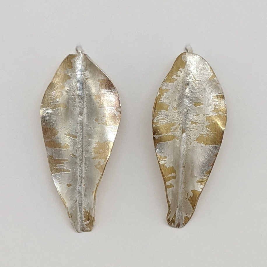 Silver Infused Bronze Fold Form Leaf Earrings (Small) by Darlene Letendre at The Avenue Gallery, a contemporary fine art gallery in Victoria, BC, Canada.