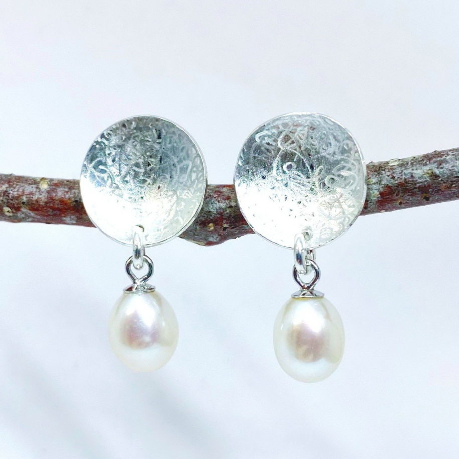 Scribbled Round Disc Earrings with White Pearls by Chi's Creations at The Avenue Gallery, a contemporary fine art gallery in Victoria, BC, Canada.