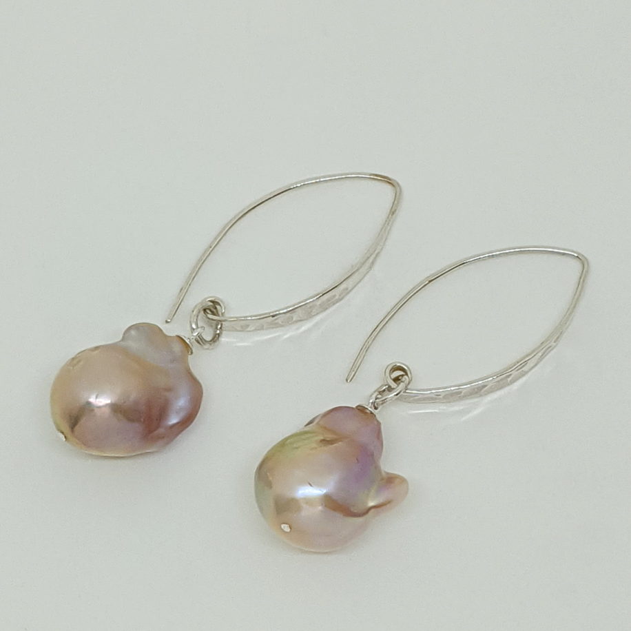 White & Pink Baroque Earrings with Hammered Sterling Silver by Val Nunns at The Avenue Gallery, a contemporary fine art gallery in Victoria, BC, Canada.