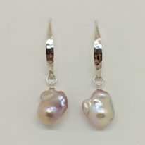 White & Pink Baroque Pearl Earrings with Hammered Sterling Silver by Val Nunns at The Avenue Gallery, a contemporary fine art gallery in Victoria, BC, Canada.